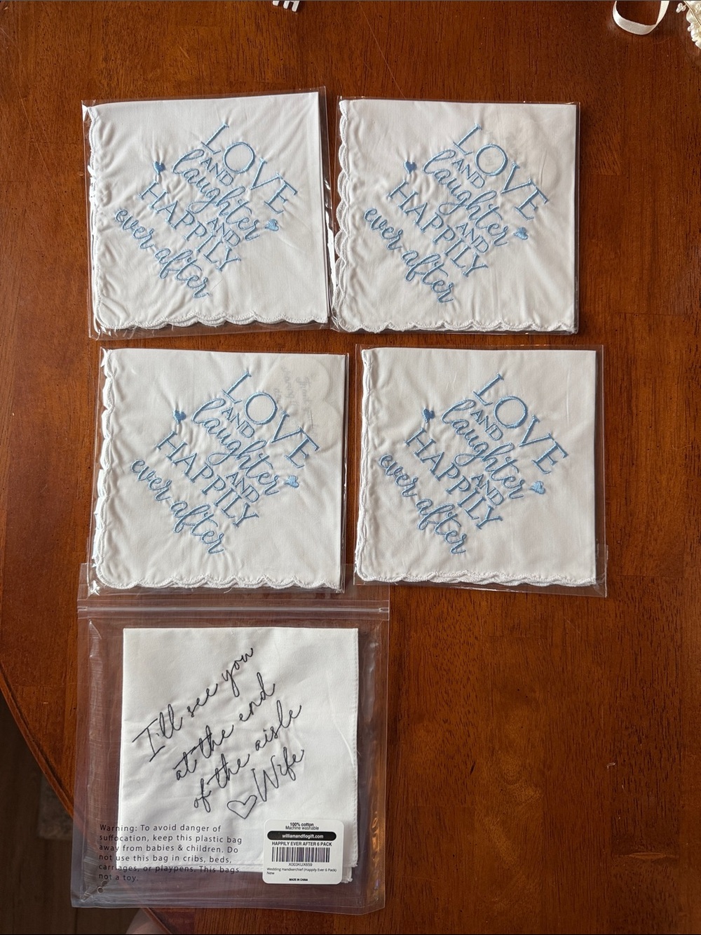 Embroidered White Wedding Handkerchiefs w/ Blue Script - set of 4, & 1 for groom